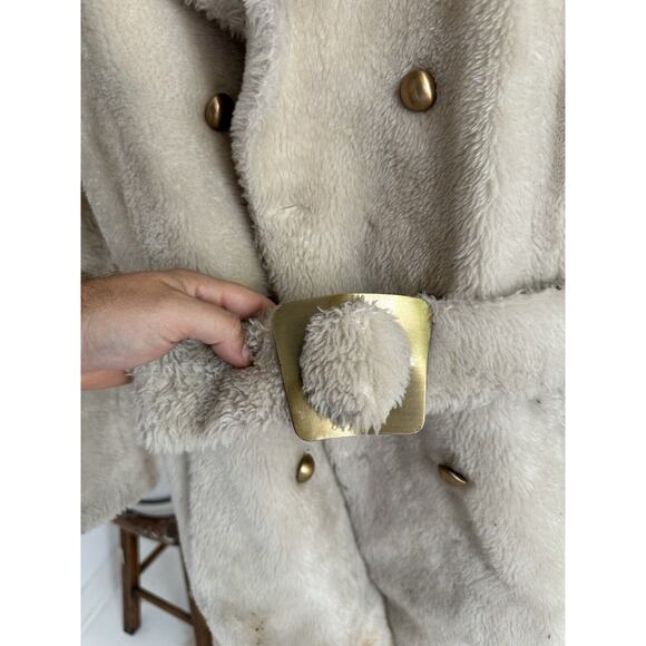 VINTAGE 1970's WHITE STAG FAUX FUR BELTED COAT Women's Size Small Ivory - Picture 8 of 9